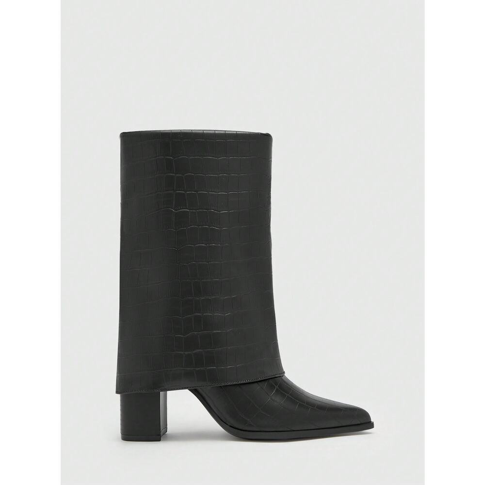 Women's Croc-Embossed Mid-Calf Boots  Chic, Stylish, Pointed Toe & Block Heel 6